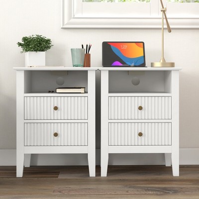 Heynemo Fluted Nightstand with Charging Station,  End Table with 2 Silent Slide Drawers & Storage Shelf, Ideal for Living Room, Bedroom