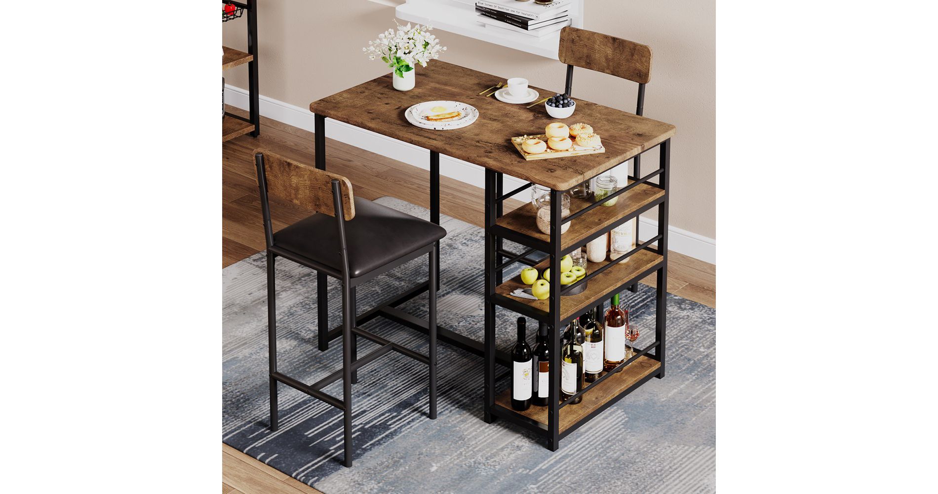 Kitchen Table Set, Dining Table and 2 Upholstered Bar Chairs with 3 Large Storage Shelf, Wooden Table Set for Small Spaces, Apartment, Home