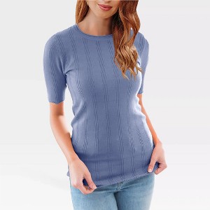 Womens Slim Fit Knit Short Sleeve Tops with Round Neck Sweater Style - 1 of 4