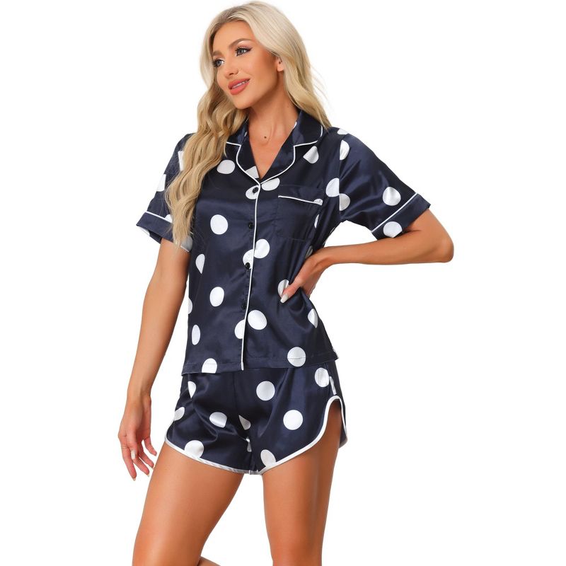 cheibear Women's Silky Satin Nightwear with Shorts Lounge Polka Dots Pajama Set, 1 of 5