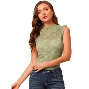 INSPIRE CHIC Women's Sleeveless See-Through Ruffle Scalloped Trim Semi-Sheer Floral Lace Top - 1 of 4