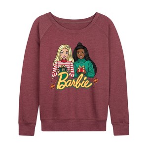 Women's - Barbie - Winter Holiday Friends Lightweight French Terry Wide Neck Long Sleeve Shirt - 1 of 4