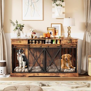 63'' Large Double Dog Crate Furniture with Removable Divider & 2 Storage Drawer, Heavy Duty Dog Kennel Furniture - 1 of 4