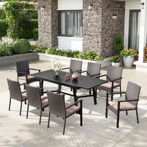 Captiva Designs 9pc Patio Rectangle Expandable Metal Dining Table & Rattan Chairs with Removable Cushions - 1 of 4