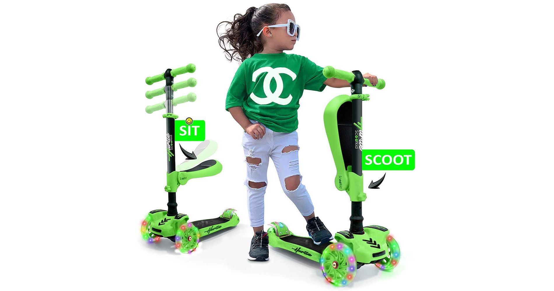 Hurtle ScootKid 3-Wheel Kids Scooter - LED Wheel Lights, Fold-Out Comfort Seat, Adjustable Handlebar (Ages 1+)