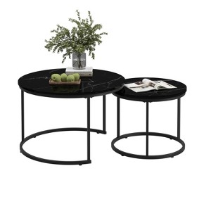 FONTOI 27.6" Round Coffee Table Set of 2 with Metal Frame, Floor Mount Side Table for Living Room Bedroom, Black, 27.56"*17.72"*27.56" - 1 of 4