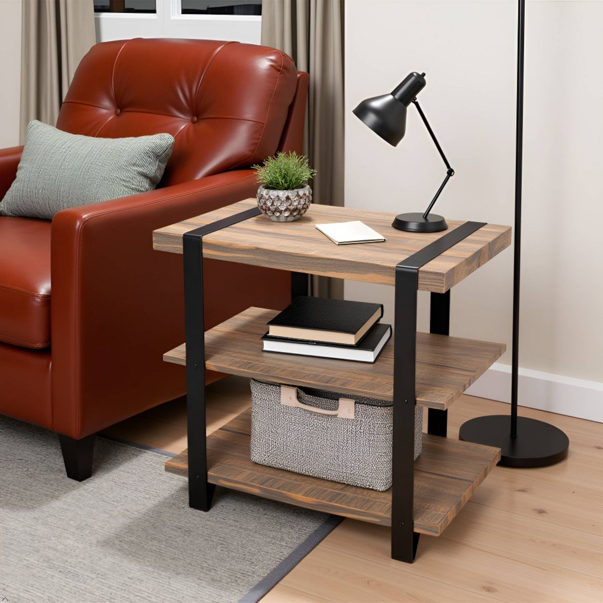27" Modesto Wide 2 Shelf End Table with Metal Strap, Wood - Alaterre Furniture: Rustic Industrial Design, Black Frame - thumbnail 5