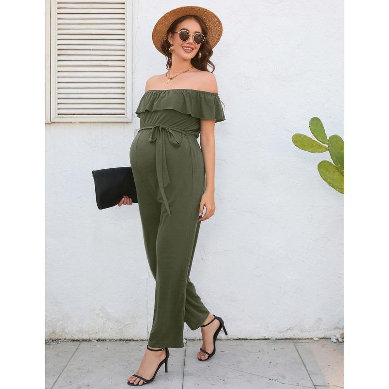 Maternity Jumpsuits Casual Off Shoulder Romper Summer Short Ruffle Sleeves  Belted Wide Leg Jumpsuits, 4 of 7