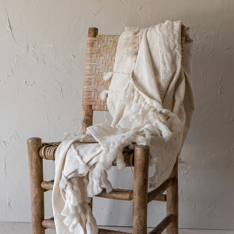 Hand Woven Yarn Fringe & Striped Throw Blanket White Cotton & Acrylic by Foreside Home & Garden, 2 of 6