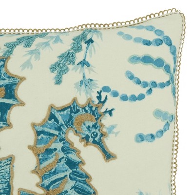 20" Aqua Blue Cotton Sea Horse Design Throw Pillow Cover