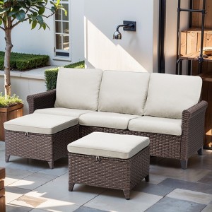 Buenhomino Elegant 3-Piece Outdoor Set – Sofa & 2 Ottomans, Handwoven Wicker, Steel Frame, Weather-Resistant Cushions for Patio & Balcony - 1 of 4