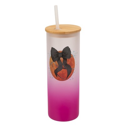 Elanze Designs 25 Ounce Frosted Glass Gradient Travel Tumbler With Straw and Wooden Lid, Basketball Teal Paint Splatter Pink