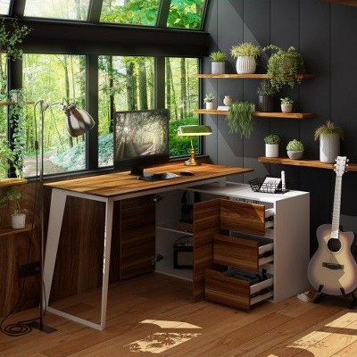 FUFU&GAGA L Shaped Office Desk with Drawers Corner Computer Table