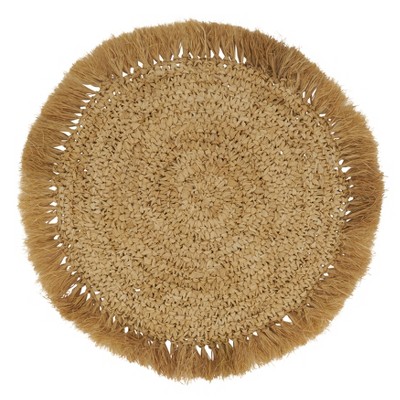 Natural Round Raffia Placemats with Fringed Edges, Set of 4