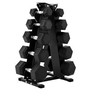 Rubber Hex Dumbbell Set with A-Frame Rack (160lb/200lb) - 5-30lb Pair Dumbbells for Home Gym, Non-Slip Grip, Solid Cast Iron & Rubber Coated - 1 of 4