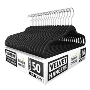 50 pack Space Saving, Heavy Duty Slim Velvet Hangers, Ridged Non-Slip, 360-Rotating Chrome Swivel Hook, Black - 1 of 4