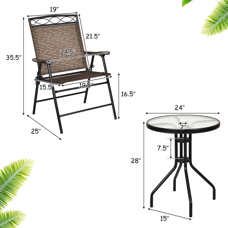 Costway 3 PCS Bistro Conversation Patio Pub Dining Set W/ 2 Folding Chairs & Glass Table, 4 of 11