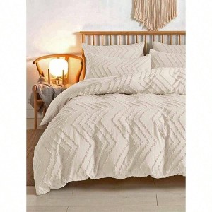 Beige King Size Boho Tufted Duvet Cover Set, 3pc Soft Embroidery Geometric Quilt Cover - 1 of 4