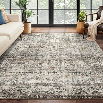 Washable Area Rugs, Soft Low Pile Large Boho Rugs for Living Room Indoor Non-Slip Carpet Vintage Distressed Rugs for Bedroom Dining Room