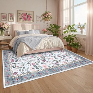 Washable Floral Area Rug for Living Room Low Pile Purple Vintage ...
