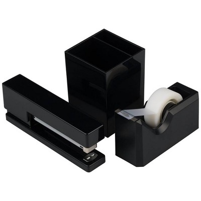 JAM Paper Stapler, Tape Dispenser & Pen Holder Desk Set Black