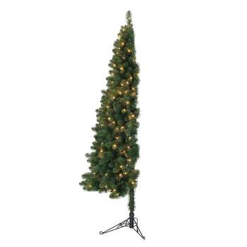Home Heritage Artificial Half Christmas Tree Prelit with White LED Lights, PVC Foliage Tips, Metal Stand, Green