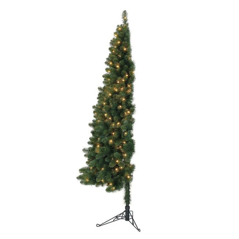 Home Heritage Artificial Half Christmas Tree Prelit with White LED Lights, PVC Foliage Tips, Metal Stand, Green, 1 of 7