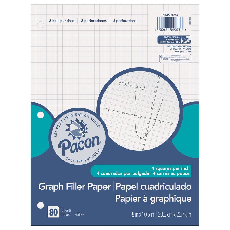 Pacon® Graphing Paper, White, 3-Hole Punched, 1/4" Quadrille Ruled, 8" x 10-1/2", 80 Sheets Per Pack, 6 Packs, 2 of 5