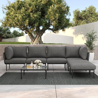 LayinSun 7 Pieces Rope Woven Patio Furniture Set, Modern Modular Sectional Sofa with Coffee Table and Upgrade Thickness Cushion