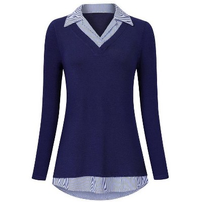 Coolmee Women's Contrast Collared Shirts Long Sleeve Patchwork Work Blouse Tunics Tops