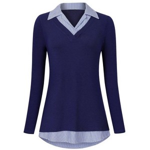Coolmee Women's Contrast Collared Shirts Long Sleeve Patchwork Work Blouse Tunics Tops - 1 of 4