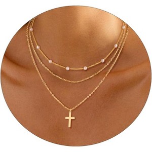 14K Gold Plated Layered Necklace Set, Dainty Pearl Cross & Multi-Chain Design (Cuban/Figaro/Herringbone), Trendy Women’s Jewelry Gift - 1 of 4