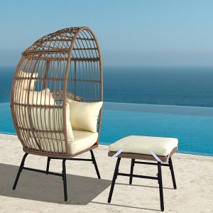 Egg Chair Outdoor, Patio Chair With Ottoman, Hand-woven PE Wicker, 3.9 Inches Thick Cushion, Steel Frame, Lumbar Support - 1 of 4