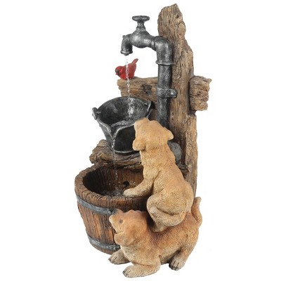 Rustic Brown Resin Puppies and Water Pump Fountain with LED Light