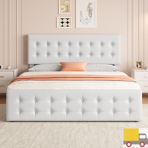 Jojoka Bed Frame with 4 Storage Drawers and Adjustable Linen Headboard, Button-Tufted Upholstered Platform Bed with Wooden Slats - 1 of 4