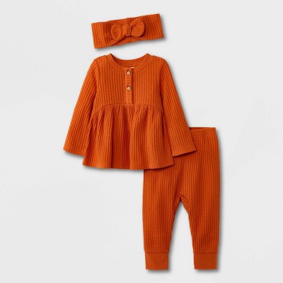 Image of Baby Girls' Cozy Brushed Waffle Top & Bottom Set - Cat & Jack™ Orange 3-6M