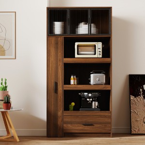 Ridstar 70.87 in. H Freestanding Kitchen Pantry Cabinet with Multi-Functional Pull-Out Shelving, 1 Drawers & Aluminum Glass Door-Brown - 1 of 4