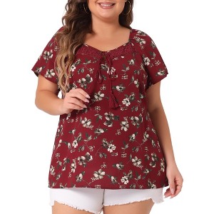Agnes Orinda Women's Plus Size Floral Short Sleeve Beach Square Hollow Tassel Tie Neck Peasant Tops - 1 of 4