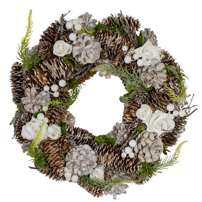 Northlight White Rose and Pine Cones  Artificial Christmas Wreath, 13-Inch, Unlit