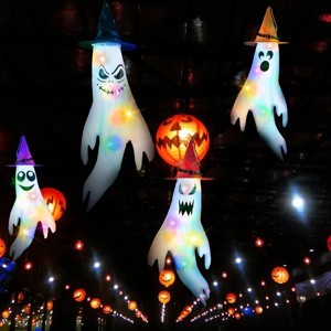 Racxily 4Pcs Halloween Ghosts With Witch Hats Windsocks Hanging Decoration With Colorful LED Light Outdoor Flag Wind Socks - 1 of 4