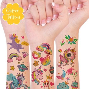 Wrapables Waterproof Glitter Temporary Tattoos, Birthday Party Favors and Supplies, Goodie Bag Fillers, 12 Sheets Unicorns - 1 of 4