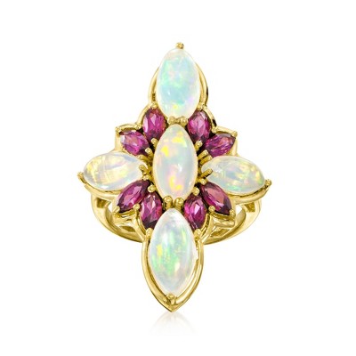 Ross-Simons Opal and 1.30 ct. t.w. Rhodolite Garnet Flower Ring in 18kt Gold Over Sterling