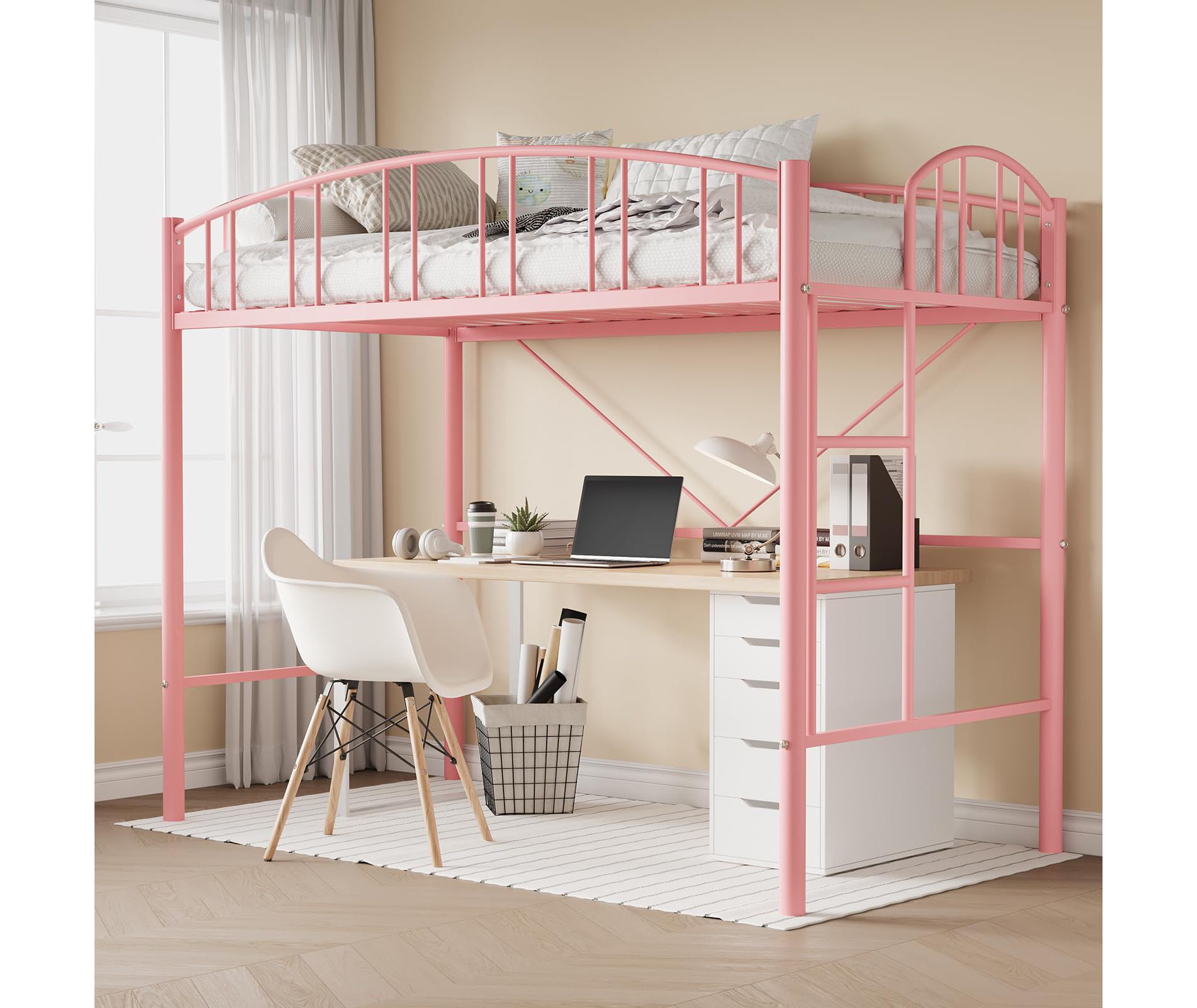 Loft Bed Twin Size, Heavy Duty Metal Loft Bed Frame with Arched Guardrail and Safety Ladder, Space-Saving, No Box Spring Needed, Pink