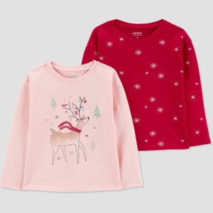 Carter's Just One You® Toddler Girls' Christmas 2pk Reindeer Snowflake T-Shirt - Pink - 1 of 3