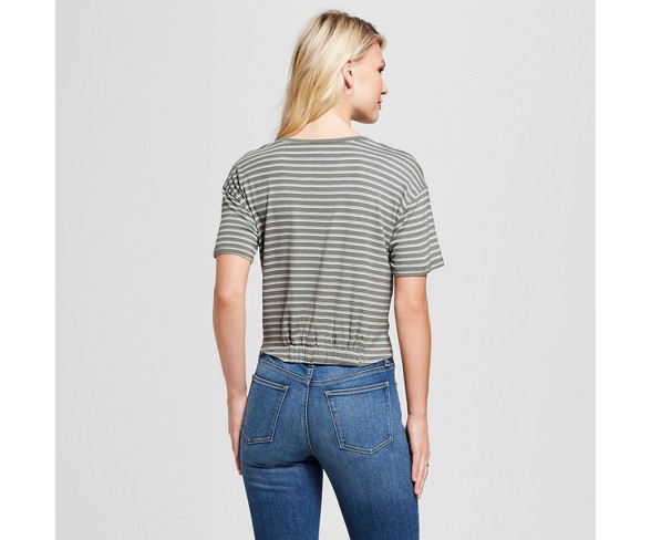 Women's Striped Short Sleeve Twist Front T-Shirt - Soul Cake (Juniors') Olive S