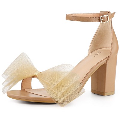 BLISSFUL STEP Women's Bow Tie Ankle Buckle Strap Chunky High Heels Sandals