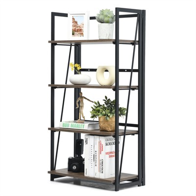 Rustic Brown 4-Tier Folding Industrial Bookshelf with Metal Frame