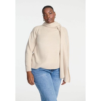 ELOQUII Elements Women's Plus Size Scarf Neck Sweater - 14/16, Oatmeal Heather