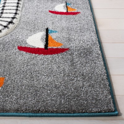 Turquoise and Ivory Square Kids Train Track Area Rug