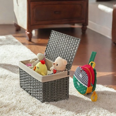 17.2 Gallon (65L) Storage Basket with Lid. This woven, foldable bin with handles and a metal frame comes with a removable liner.